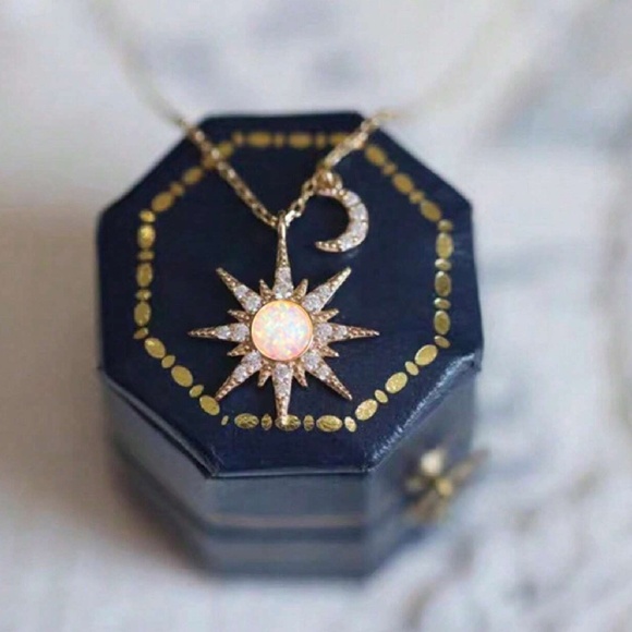 925 Sterling Silver Gold Plated Cubic Zirconia Opal Star Moon Necklace
